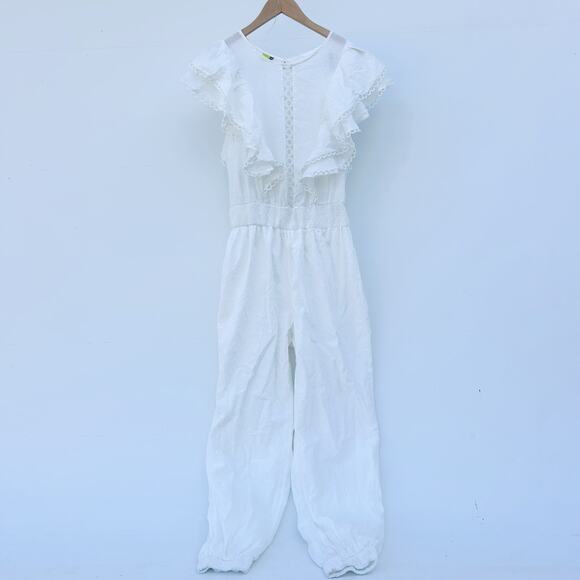 Farm Rio Cotton White Eyelet Lace Jumpsuit Ruffle High Neck Cottage Large - Picture 1 of 11